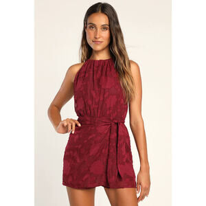 Lulus Thoughts Of Love Wine Red Burnout Chiffon Skort Romper - Size L